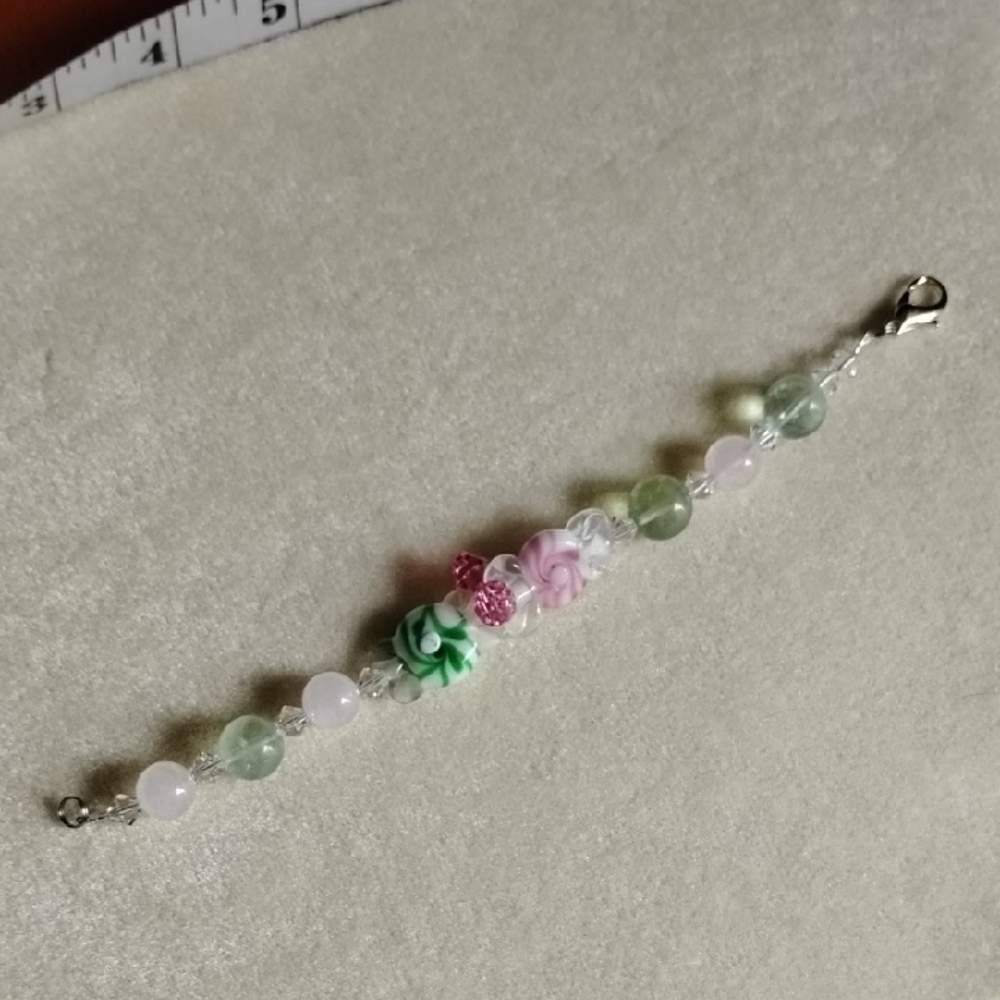 🩷HAND CRAFTED LAMP WORK CANDY SHAPED BEADS WITH SWAROVSKI CRYSTALS &FLUORITE🩷